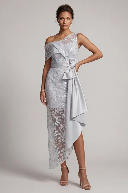 One Shoulder Light Grey Sequins Mermaid Asymmetrical Floral Mother of the Bride Dress with Sash made by Zapaka