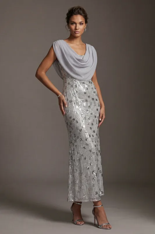 Mermaid Silver Sequins Cowl Neck Long Mother of the Bride Dress made by Zapaka