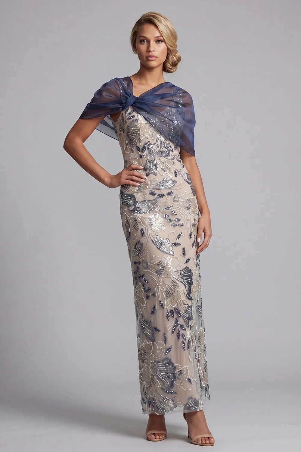 Navy Floral Bodycon Sequins Long Mother of the Bride Dress with Cape sold by Zapaka product image thumbnail 3