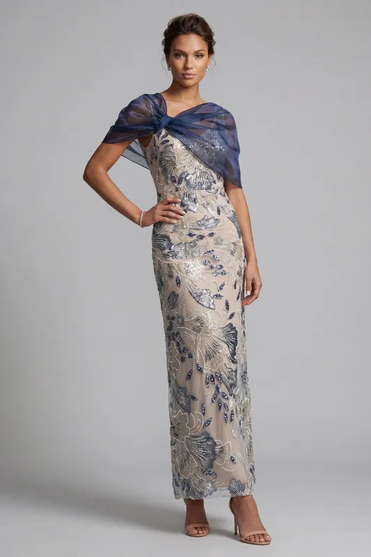 Navy Floral Bodycon Sequins Long Mother of the Bride Dress with Cape made by Zapaka