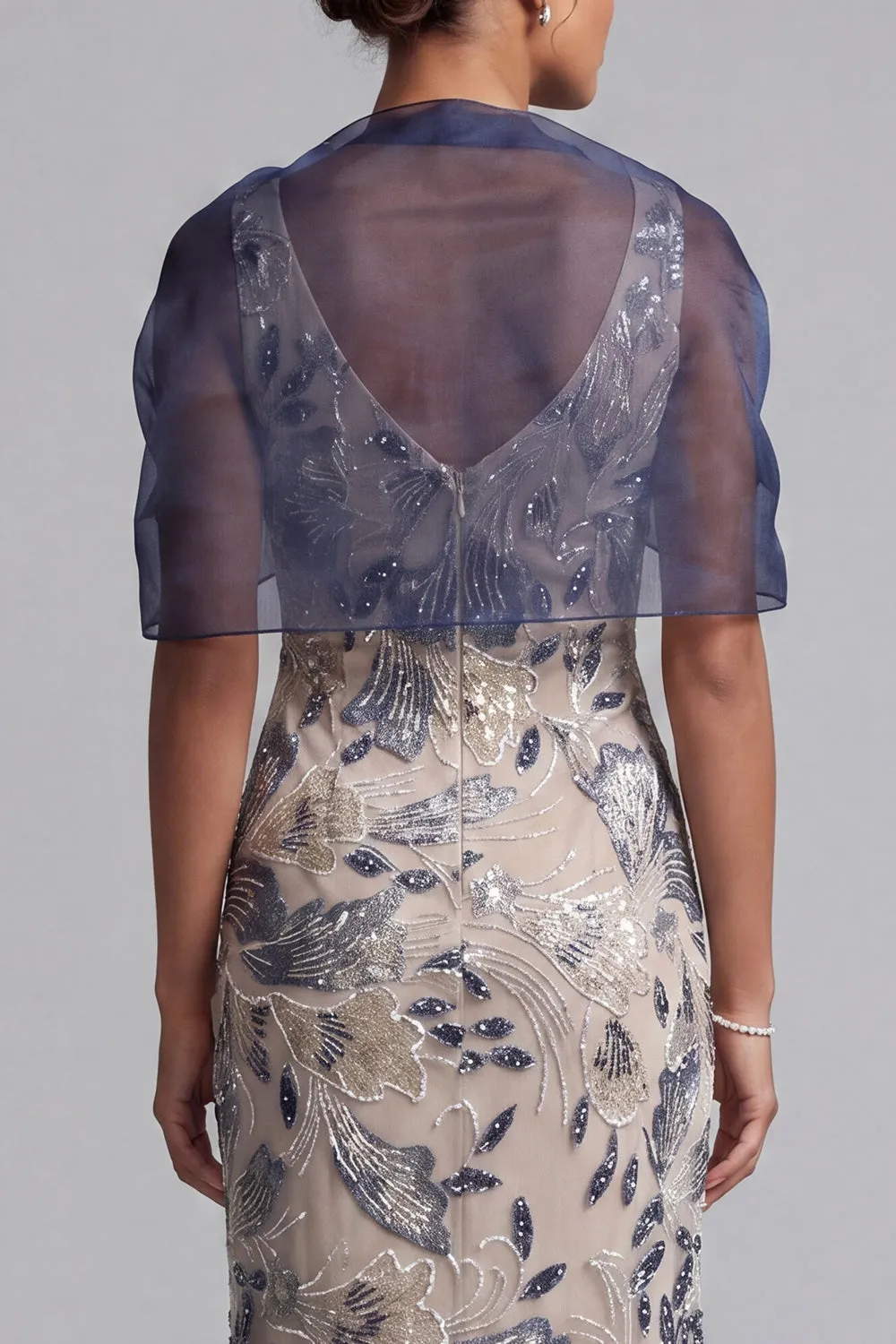 Navy Floral Bodycon Sequins Long Mother of the Bride Dress with Cape sold by Zapaka product image thumbnail 5