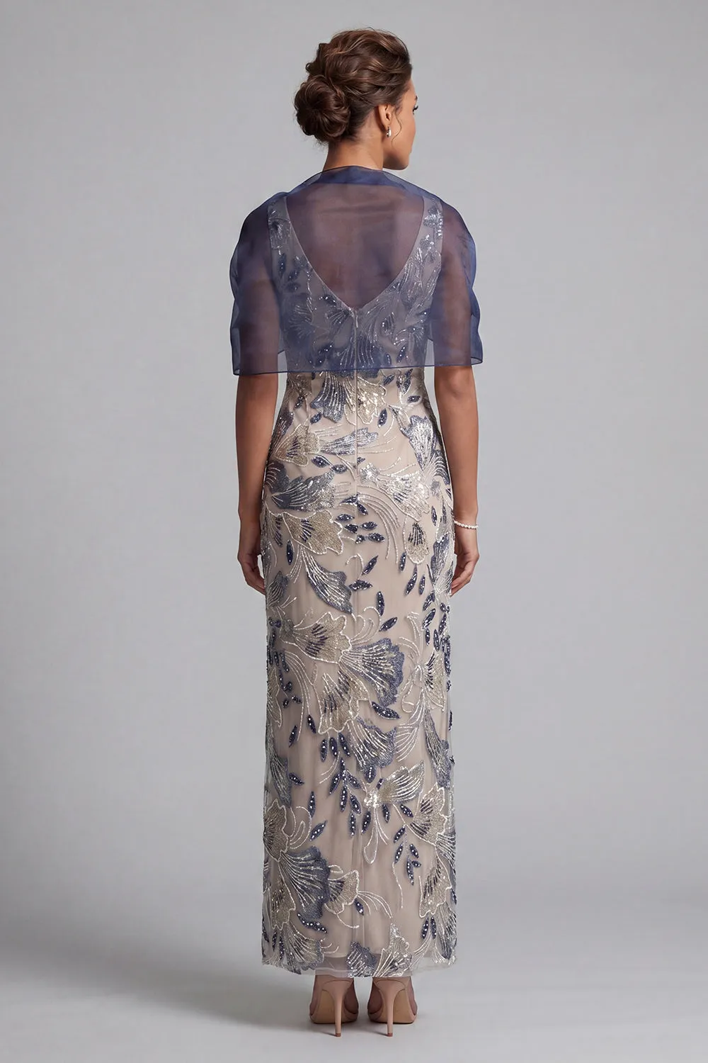 Navy Floral Bodycon Sequins Long Mother of the Bride Dress with Cape sold by Zapaka product image thumbnail 2