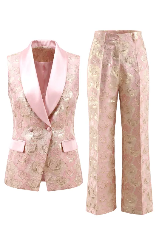 Floral Pink 2 Piece Shawl Lapel Double Breasted Prom Suits with Pockets made by Zapaka