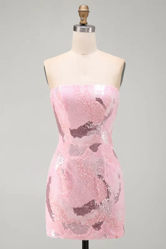 Pink Strapless Bodycon Beaded Short Homecoming Dress made by Zapaka