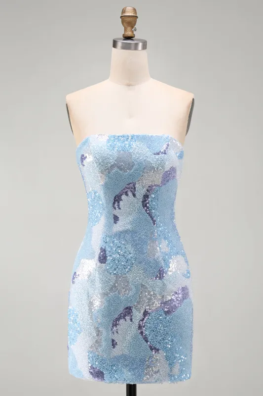 Strapless Blue Bodycon Short Homecoming Dress with Beading made by Zapaka