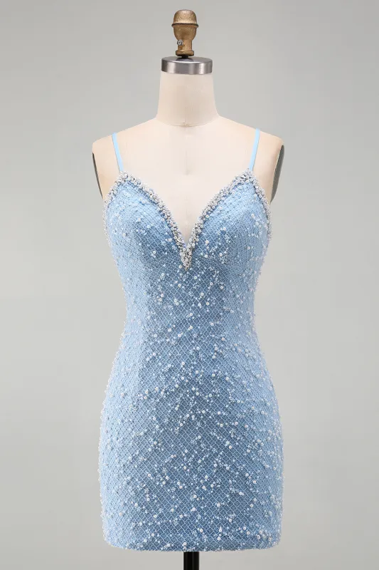 Blue Bodycon Pearls V Neck Short Homecoming Dress with Lace Up Back made by Zapaka