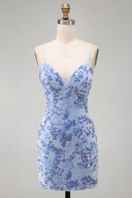 Blue Bodycon Spaghetti Straps Lace Up Back Short Homecoming Dress with Beading made by Zapaka
