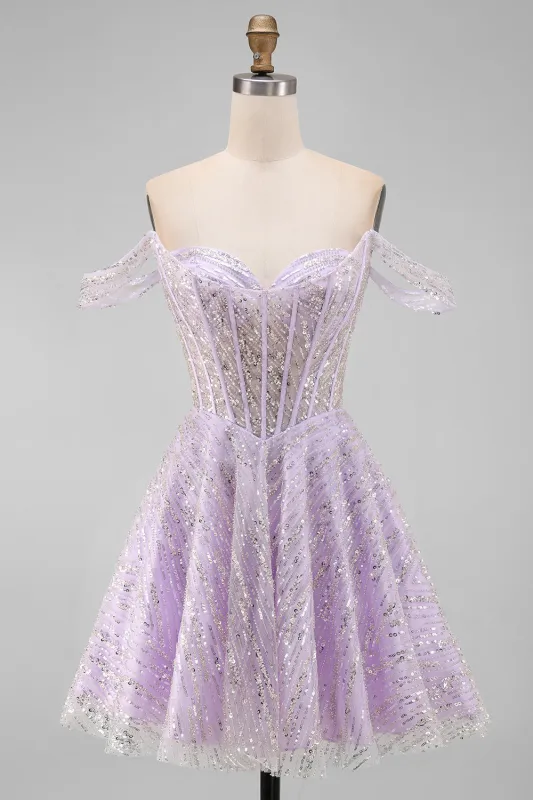 Off the Shoulder Lilac Corset Sequins A-Line Short Homecoming Dress with Lace Up Back made by Zapaka