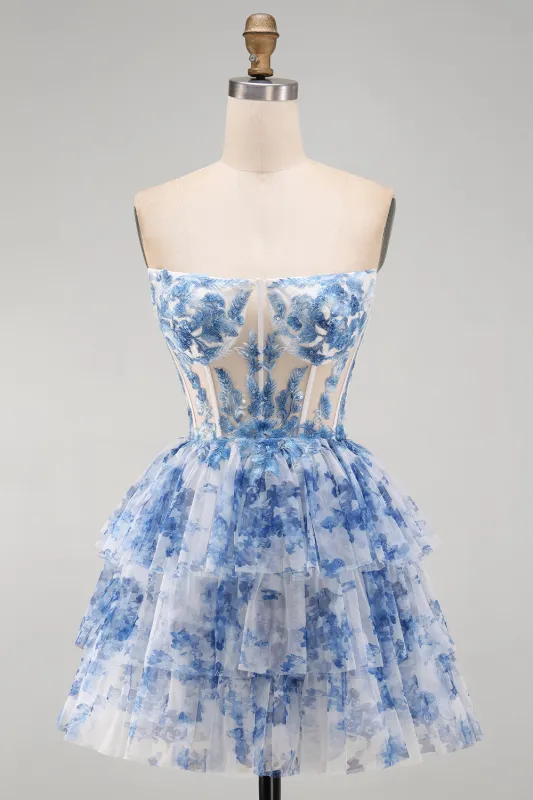 White Blue Flower Strapless Sheer Corset Tiered Homecoming Dress with Lace Up Back made by Zapaka