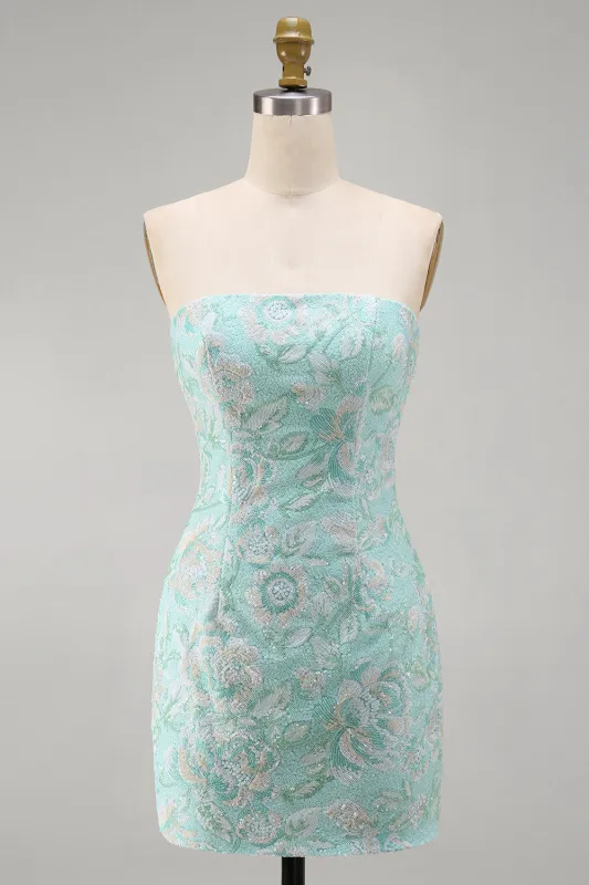 Mint Green Bodycon Floral Sequin Strapless Mini Beaded Homecoming Dress made by Zapaka