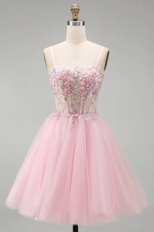 A-Line Pink Floral Corset Spaghetti Straps Sequins Short Homecoming Dress with Beading made by Zapaka
