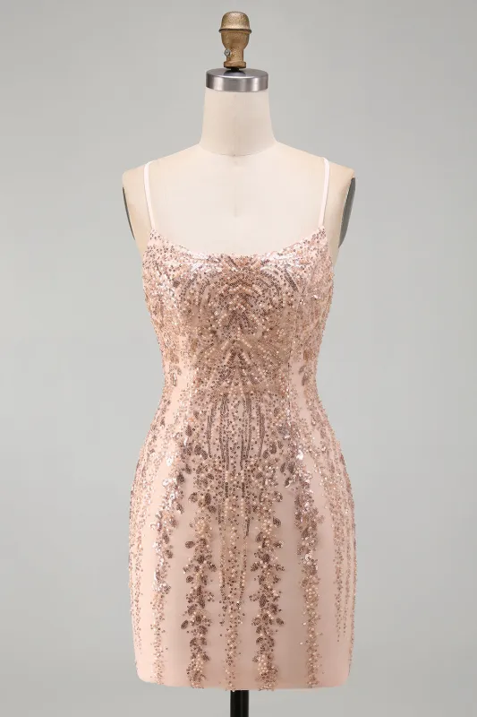 Champagne Bodycon Sequins Short Homecoming Dress with Lace Up Back made by Zapaka