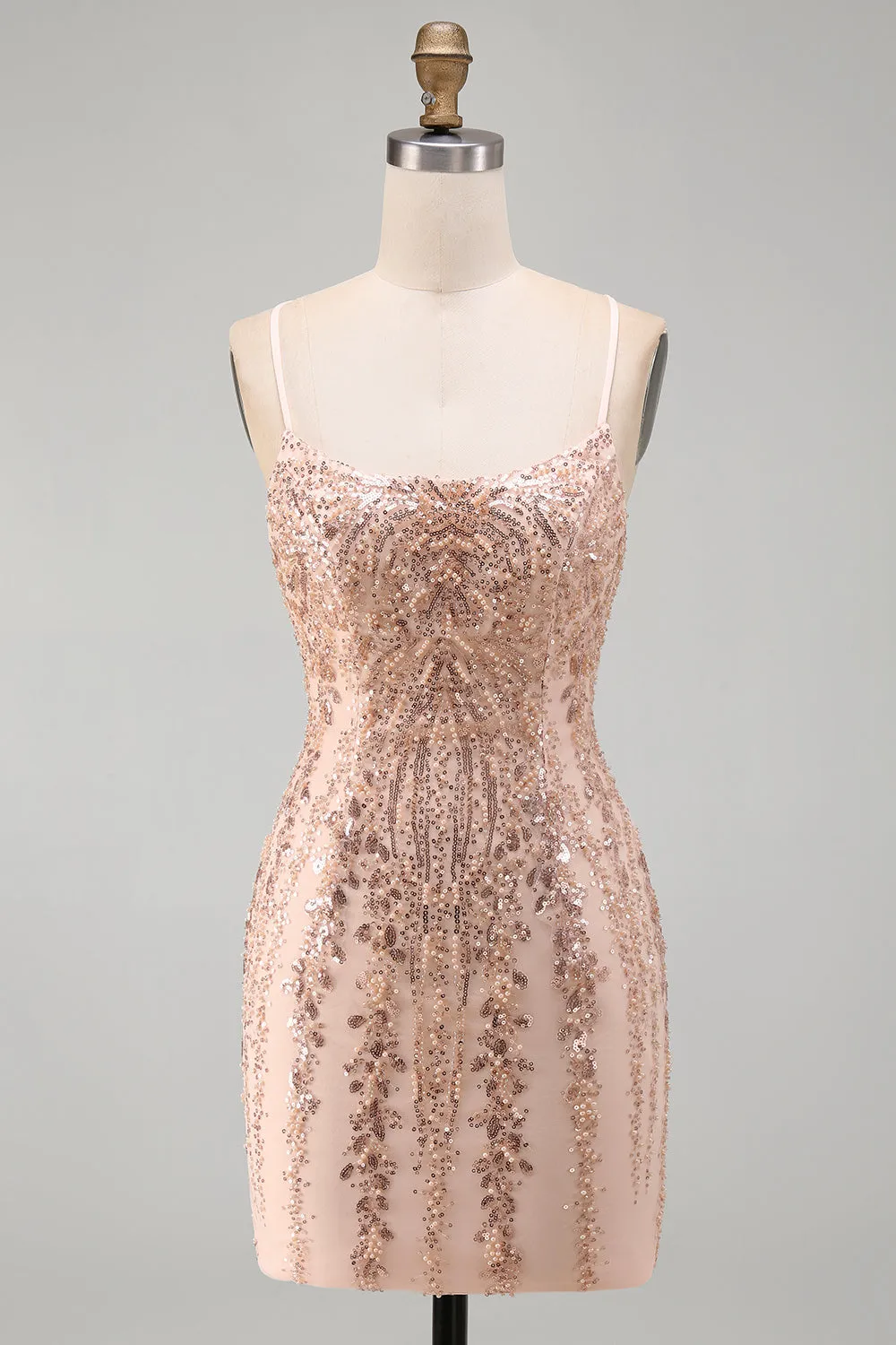Champagne Bodycon Sequins Short Homecoming Dress with Lace Up Back sold by Zapaka