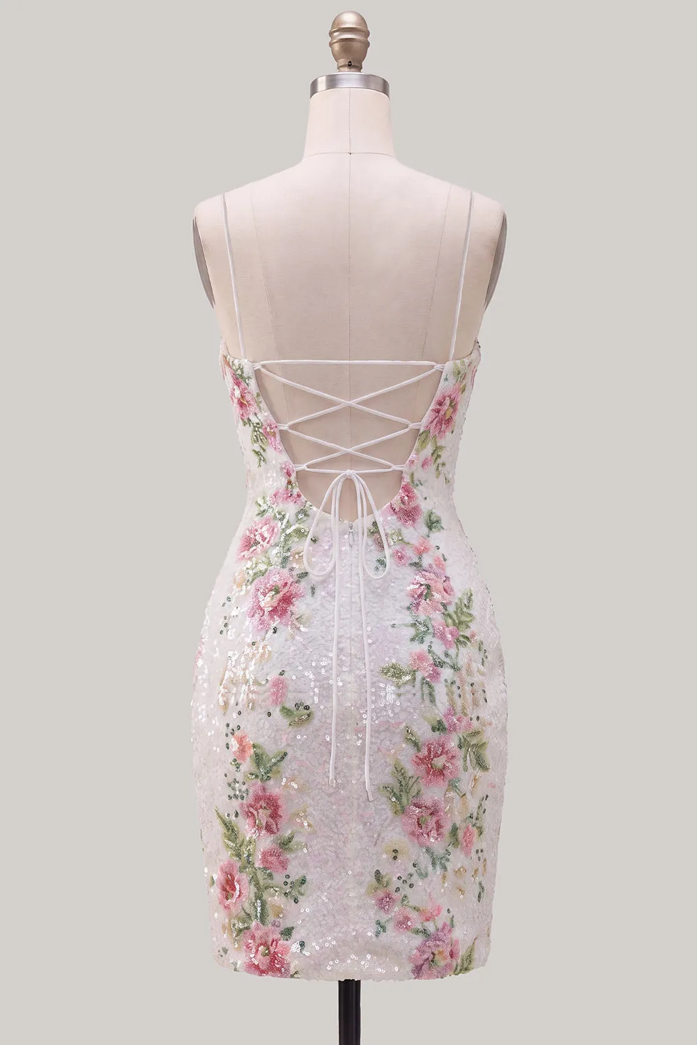 Sparkly White Floral Sequins Lace Up Back Short Homecoming Dress with Slit sold by Zapaka product image thumbnail 2