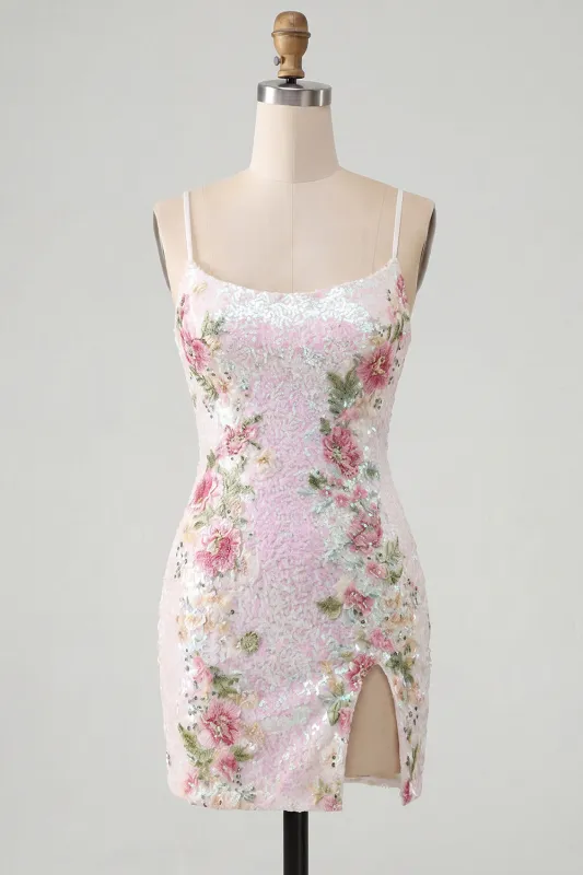 Sparkly White Floral Sequins Lace Up Back Short Homecoming Dress with Slit made by Zapaka