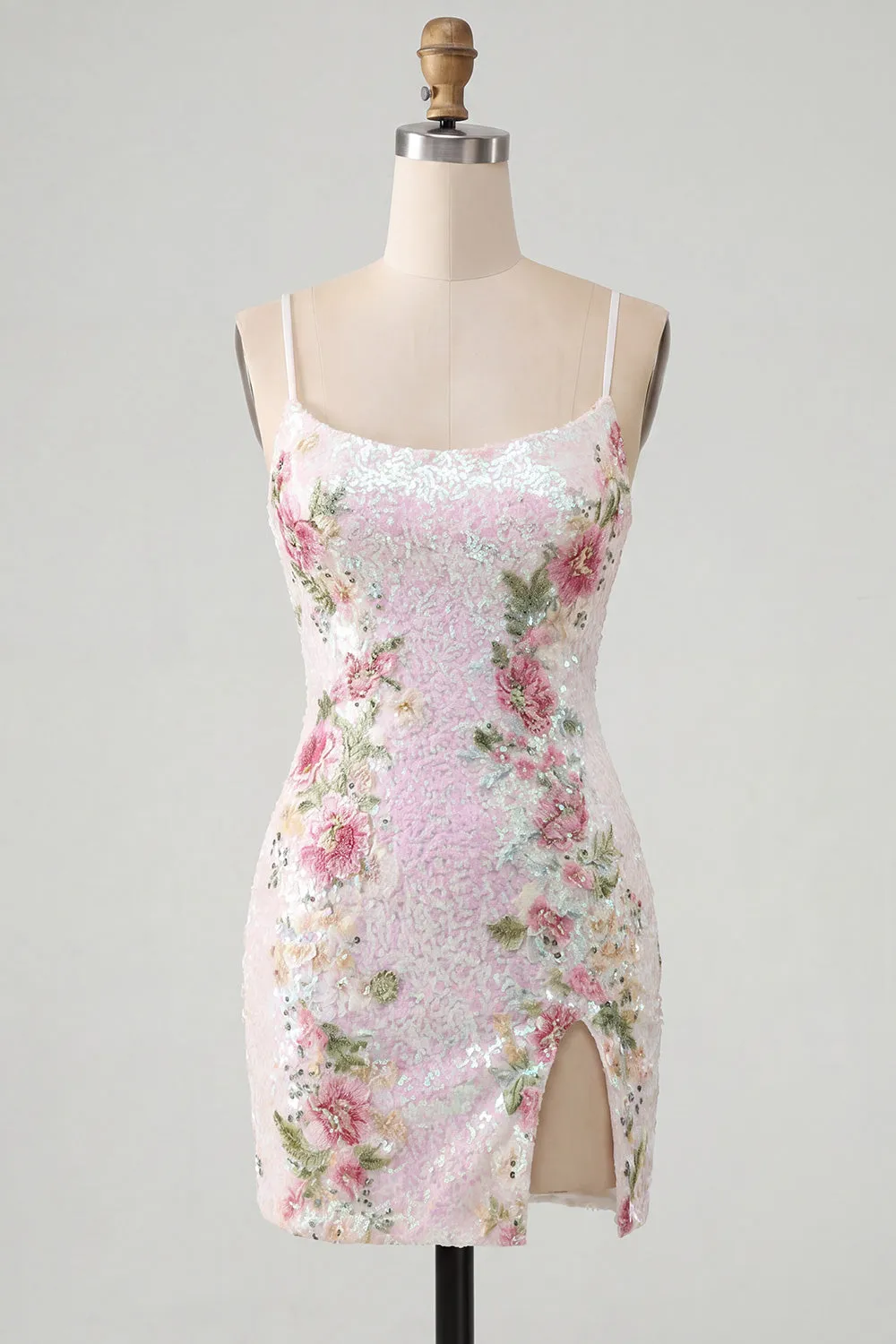 Sparkly White Floral Sequins Lace Up Back Short Homecoming Dress with Slit sold by Zapaka