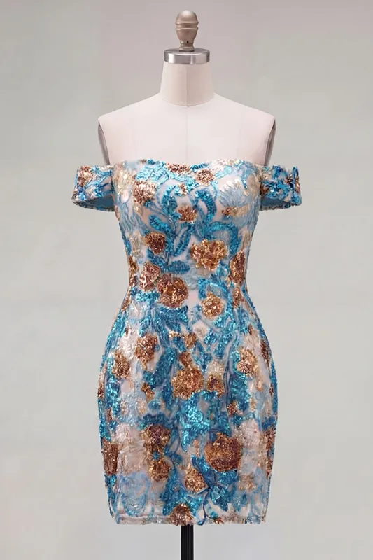 Sparkly Blue Flower Off the Shoulder Bodycon Sequins Short Homecoming Dress made by Zapaka