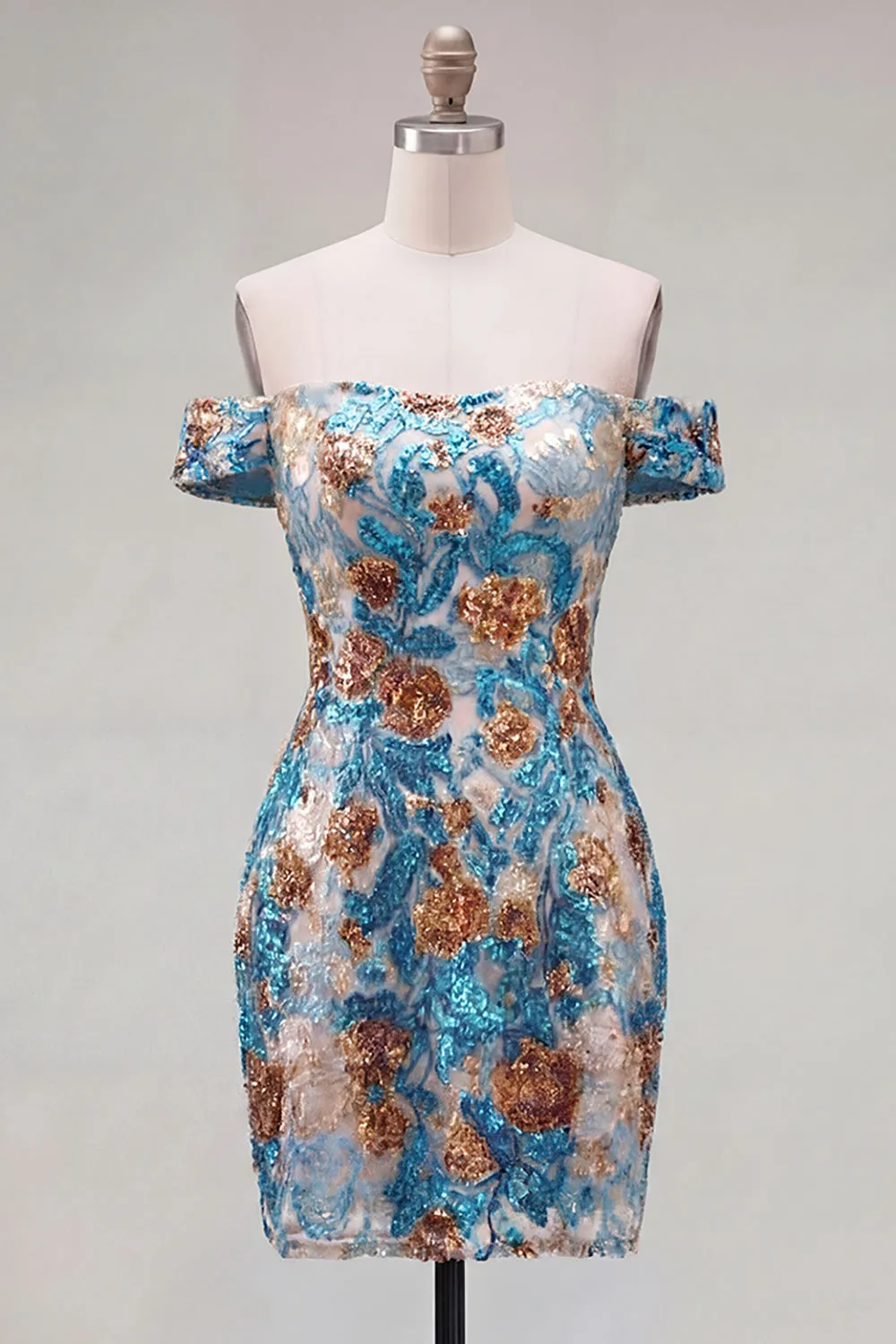 Sparkly Blue Flower Off the Shoulder Bodycon Sequins Short Homecoming Dress sold by Zapaka