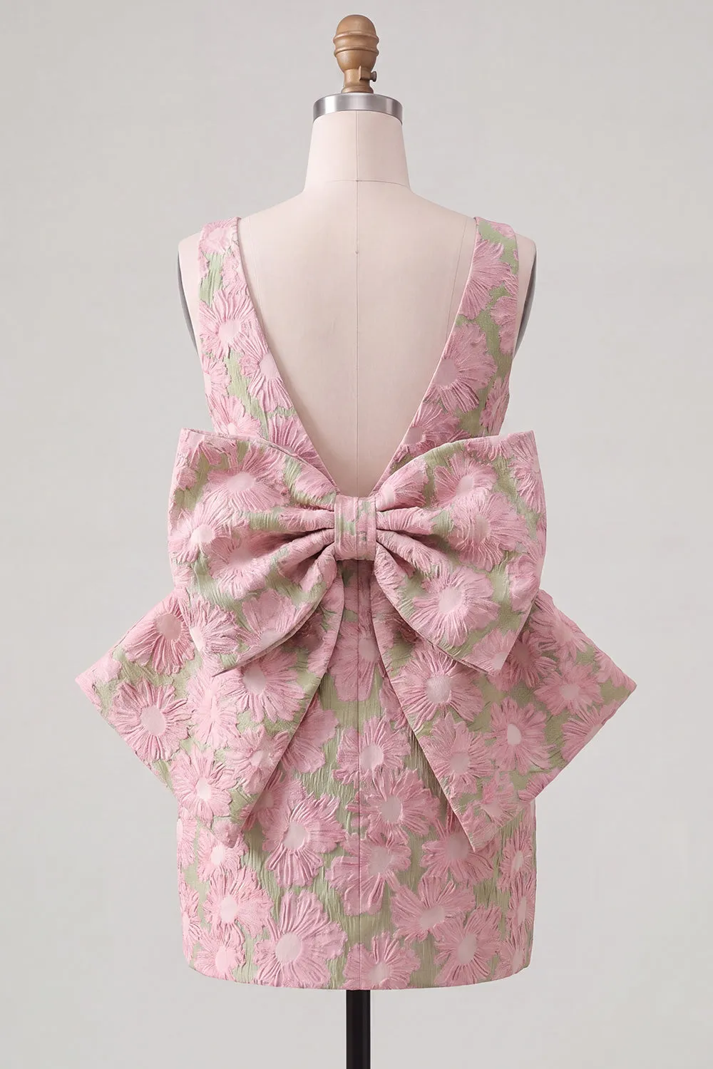 Pink & Green Floral Jacquard Bodycon Short Statement Back Bow Homecoming Dress sold by Zapaka product image thumbnail 2