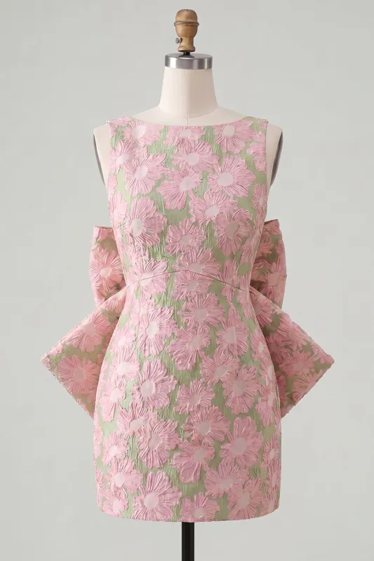 Pink & Green Floral Jacquard Bodycon Short Statement Back Bow Homecoming Dress made by Zapaka