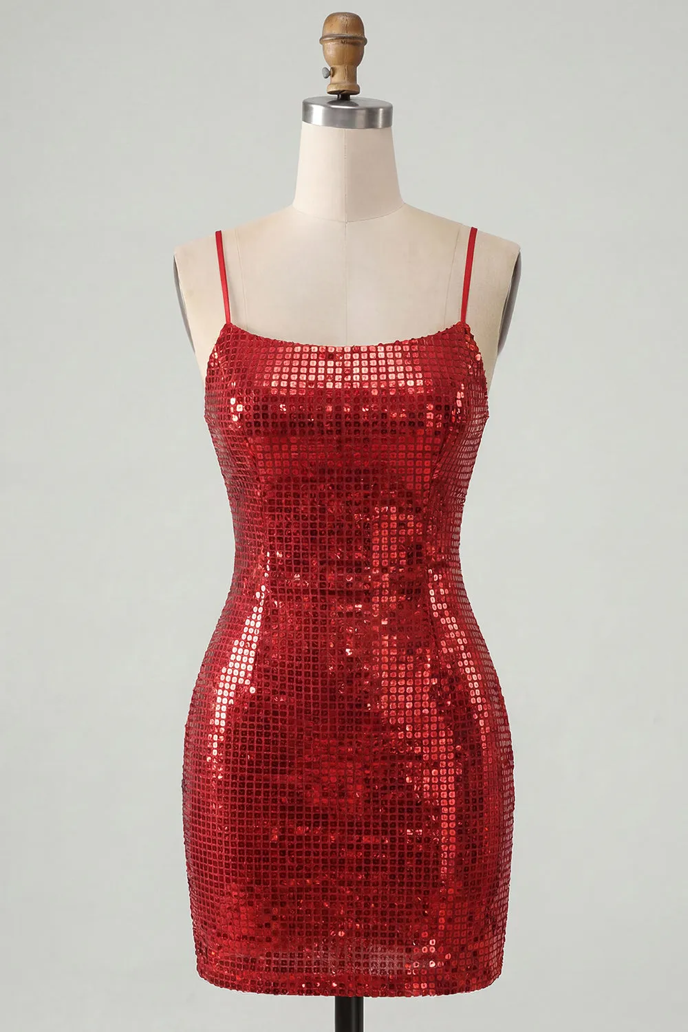 Sparkly Red Spaghetti Straps Bodycon Sequins Short Homecoming Dress with Lace Up Back sold by Zapaka product image thumbnail 5
