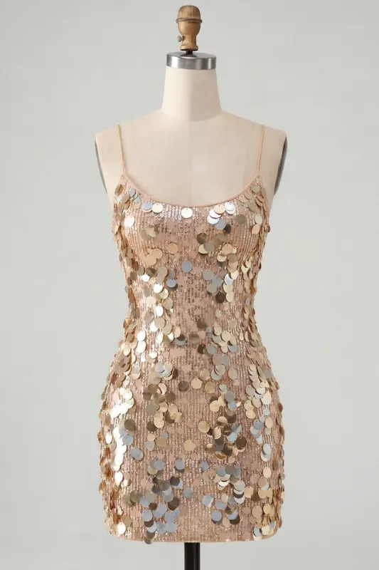 Sparkly Champagne Bodycon Sequins Spaghetti Straps Homecoming Dress made by Zapaka