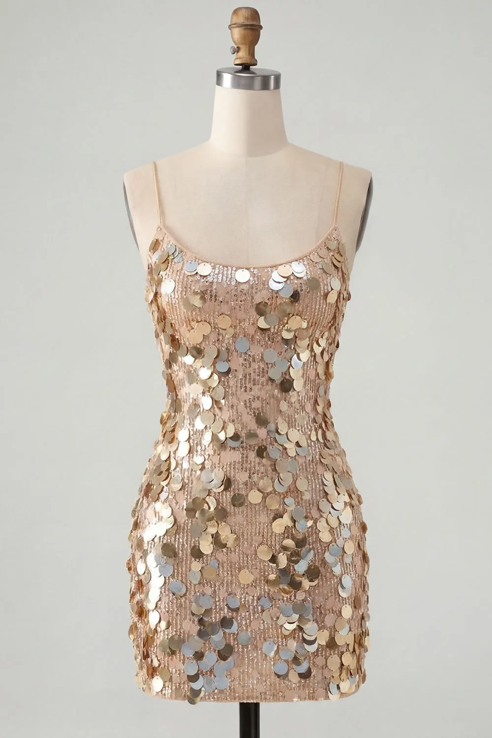 Sparkly Champagne Bodycon Sequins Spaghetti Straps Homecoming Dress sold by Zapaka
