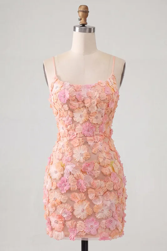 Pink Yellow Floral Bodycon Lace Up Back Spaghetti Straps Short Homecoming Dress with Beading made by Zapaka