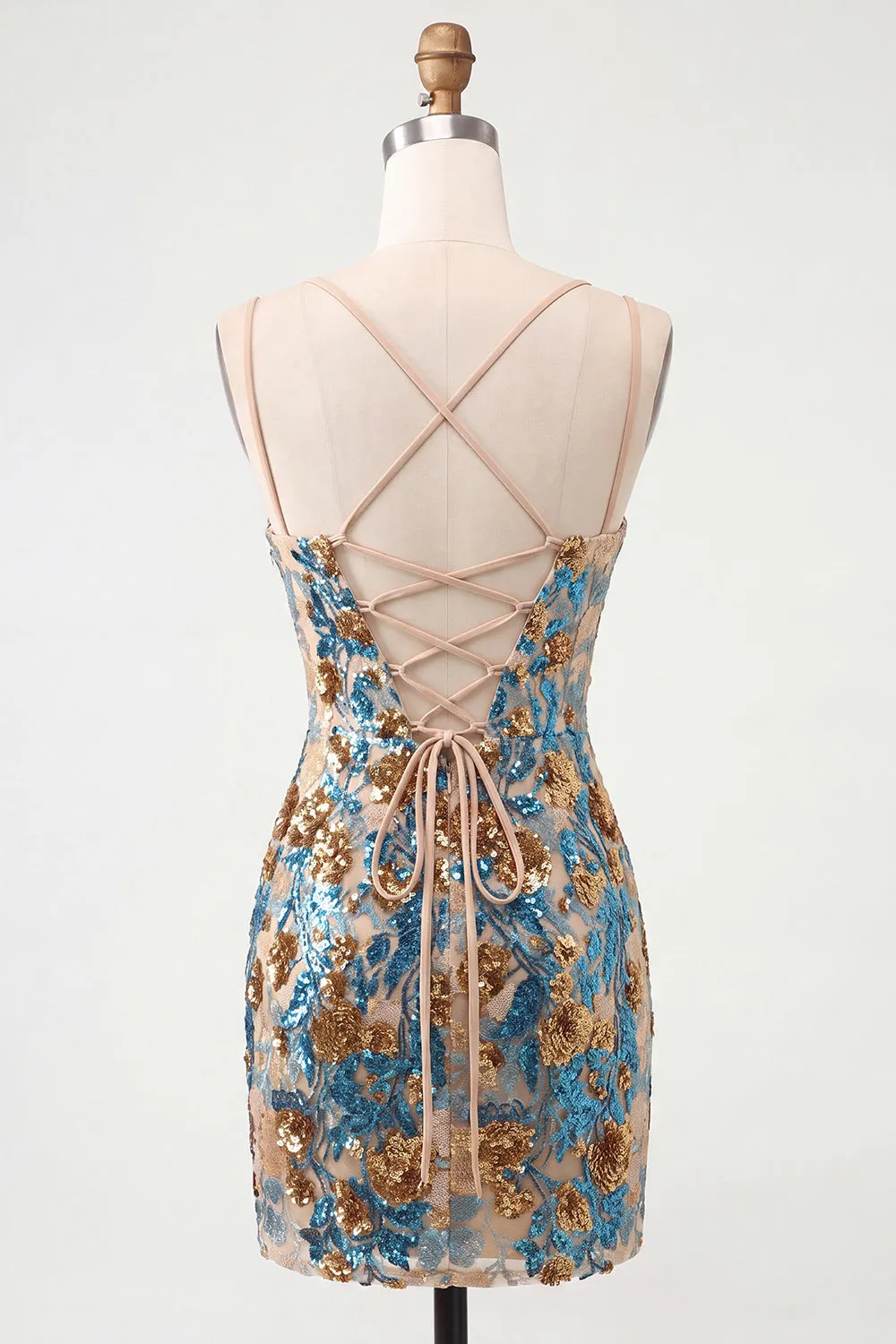 Blue Flower Bodycon Corset Sequins Lace Up Back Spaghetti Straps Short Homecoming Dress sold by Zapaka product image thumbnail 2