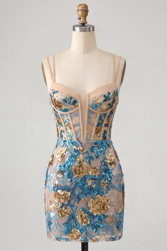Blue Flower Bodycon Corset Sequins Lace Up Back Spaghetti Straps Short Homecoming Dress made by Zapaka