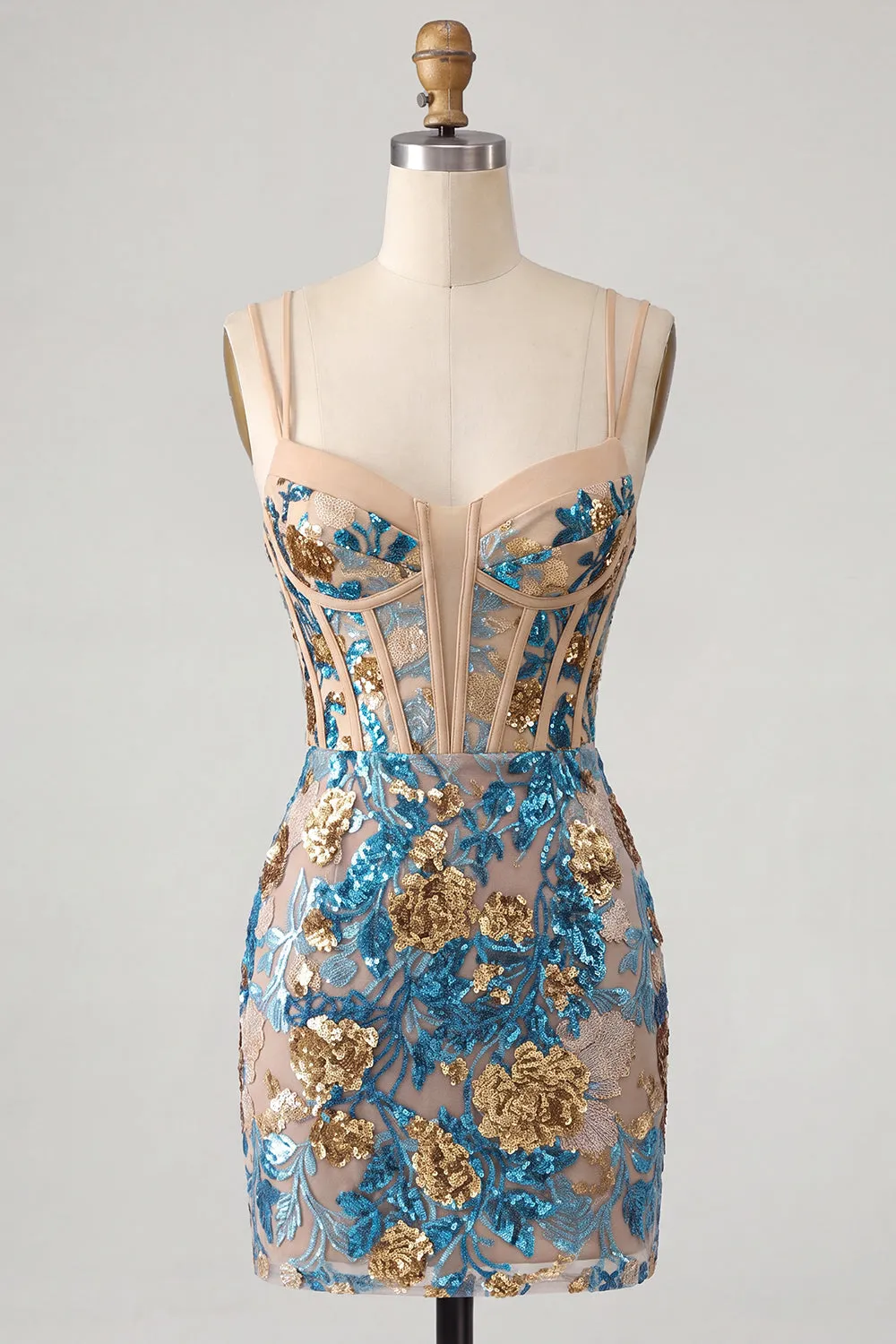 Blue Flower Bodycon Corset Sequins Lace Up Back Spaghetti Straps Short Homecoming Dress sold by Zapaka