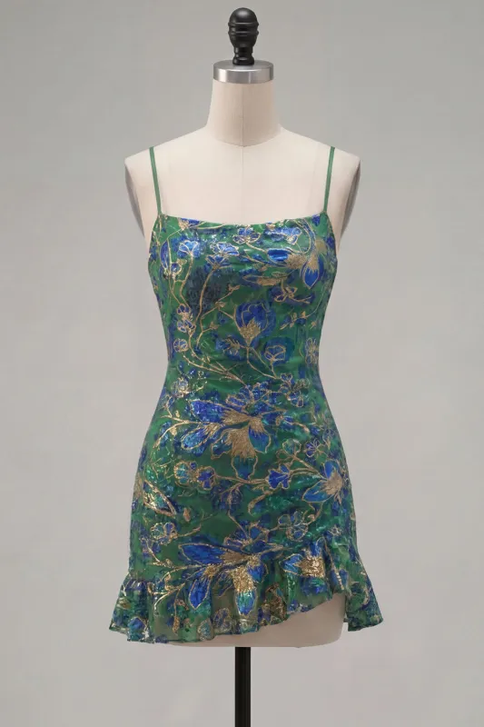 Dark Green Bodycon Floral Ruffled Short Homecoming Dress with Lace Up Back made by Zapaka