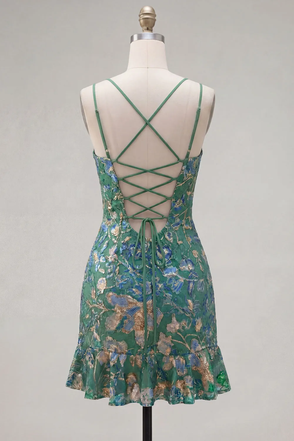 Dark Green Bodycon Floral Ruffled Short Homecoming Dress with Lace Up Back sold by Zapaka product image thumbnail 2
