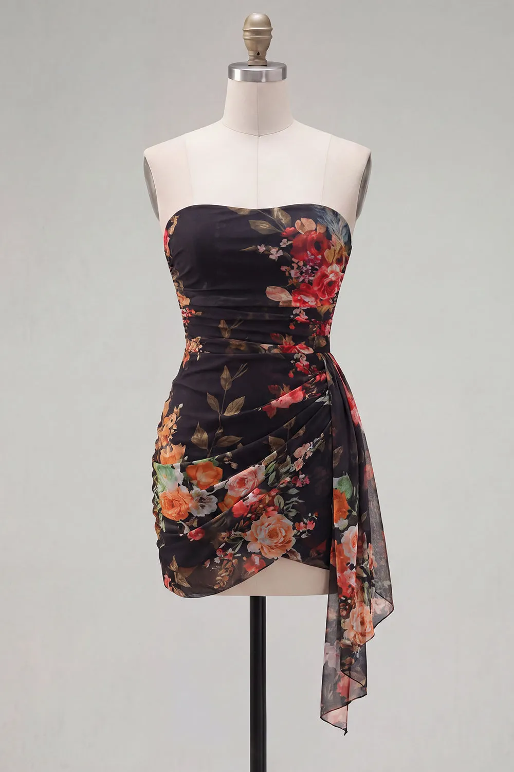 Black Red Flower Sweetheart Ruched Floral Tight Short Homecoming Dress with Sash sold by Zapaka