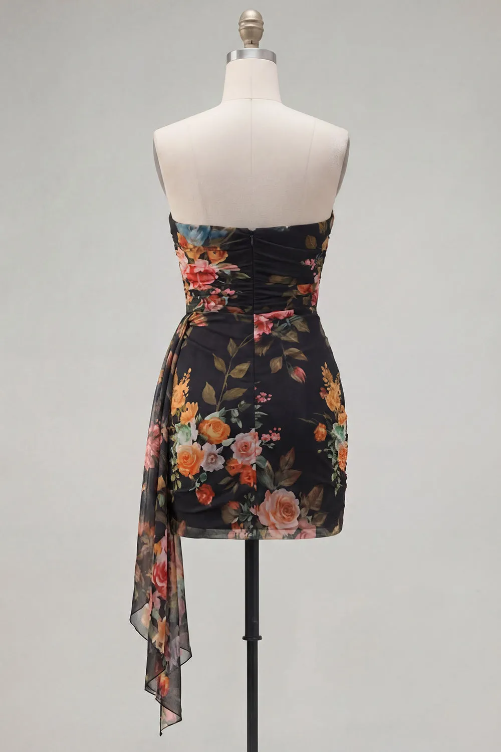 Black Red Flower Sweetheart Ruched Floral Tight Short Homecoming Dress with Sash sold by Zapaka product image thumbnail 2
