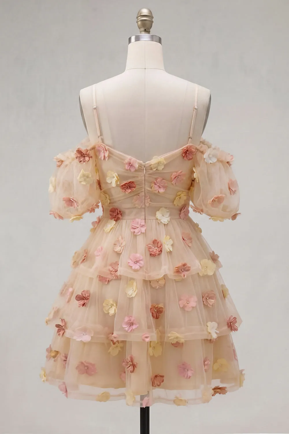 Champagne Cold Shoulder A-Line Tiered Ruffled Homecoming Dress with 3D Flowers sold by Zapaka product image thumbnail 2