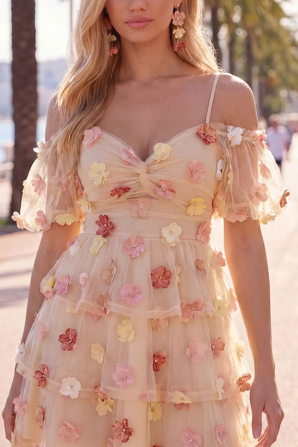 Champagne Cold Shoulder A-Line Tiered Ruffled Homecoming Dress with 3D Flowers sold by Zapaka product image thumbnail 5