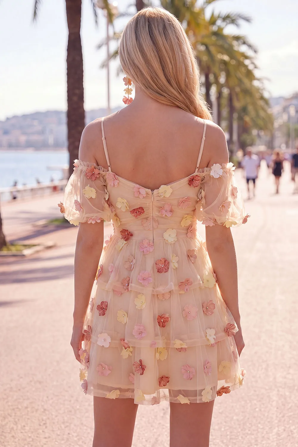 Champagne Cold Shoulder A-Line Tiered Ruffled Homecoming Dress with 3D Flowers sold by Zapaka product image thumbnail 4