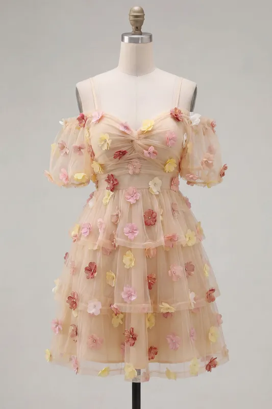 Champagne Cold Shoulder A-Line Tiered Ruffled Homecoming Dress with 3D Flowers made by Zapaka