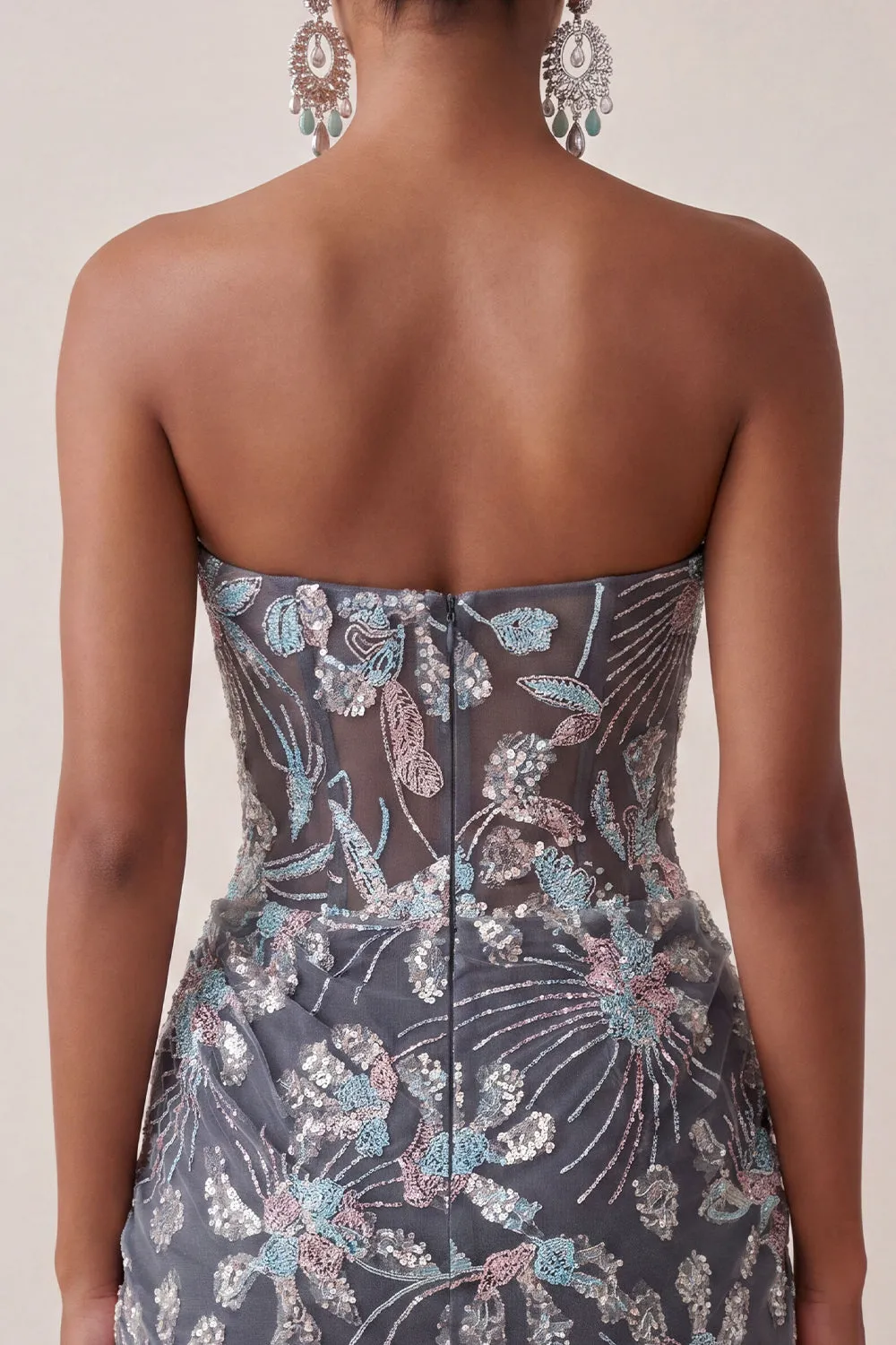 Dark Grey Bodycon Sweetheart Corset Ruched Sequins Floral Short Homecoming Dress sold by Zapaka product image thumbnail 5