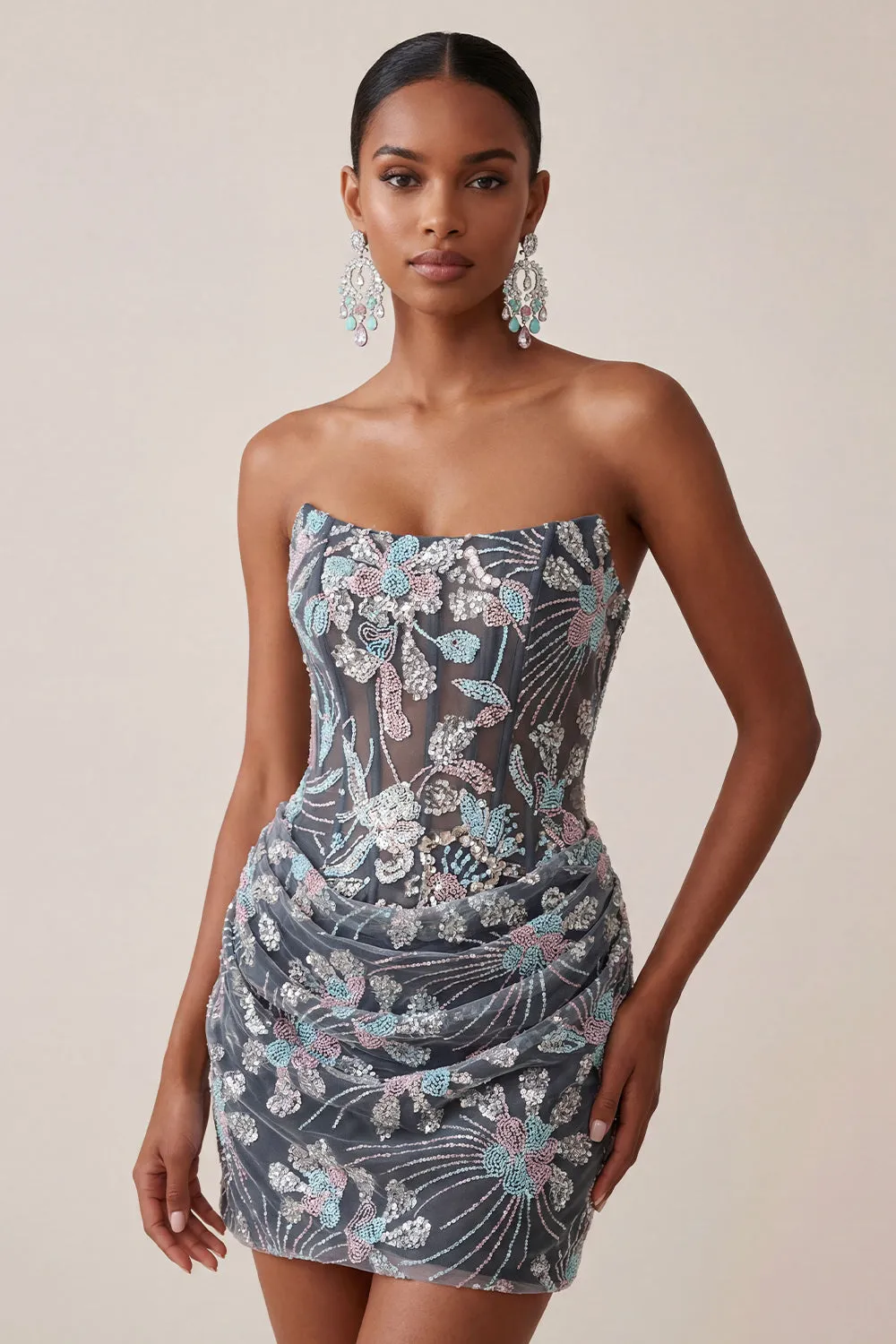 Dark Grey Bodycon Sweetheart Corset Ruched Sequins Floral Short Homecoming Dress sold by Zapaka product image thumbnail 2
