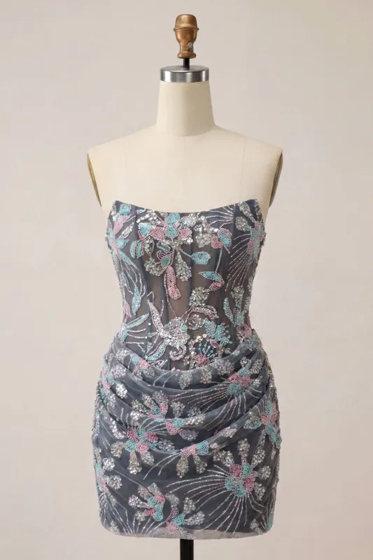 Dark Grey Bodycon Sweetheart Corset Ruched Sequins Floral Short Homecoming Dress made by Zapaka
