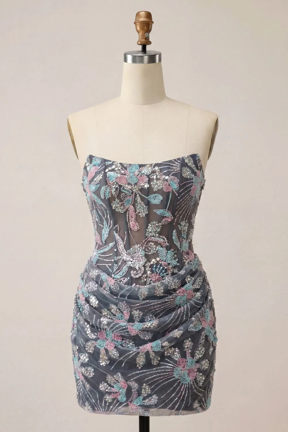 Dark Grey Bodycon Sweetheart Corset Ruched Sequins Floral Short Homecoming Dress sold by Zapaka