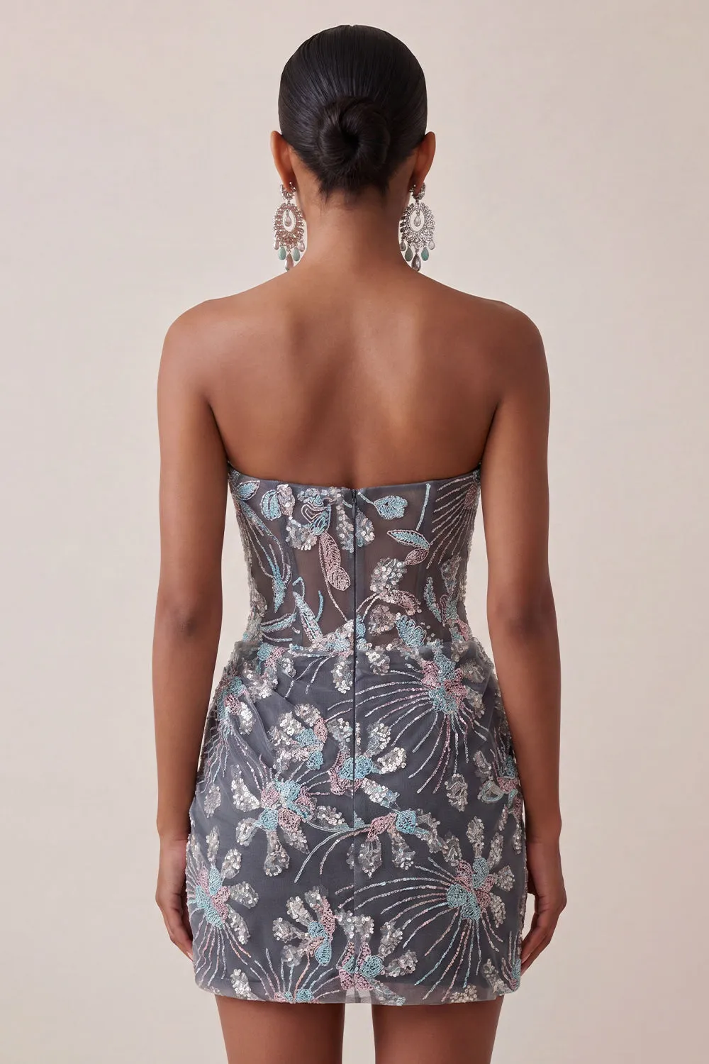 Dark Grey Bodycon Sweetheart Corset Ruched Sequins Floral Short Homecoming Dress sold by Zapaka product image thumbnail 3