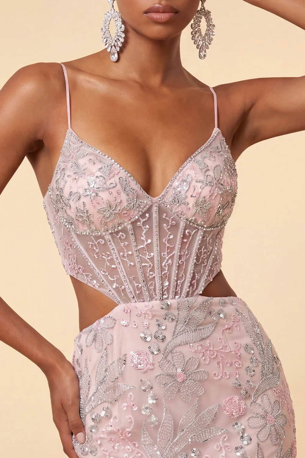 Blush Bodycon Corset Cut Out Spaghetti Straps Sequins Floral Short Homecoming Dress sold by Zapaka product image thumbnail 4