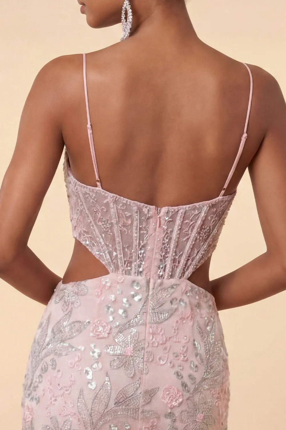Blush Bodycon Corset Cut Out Spaghetti Straps Sequins Floral Short Homecoming Dress sold by Zapaka product image thumbnail 5