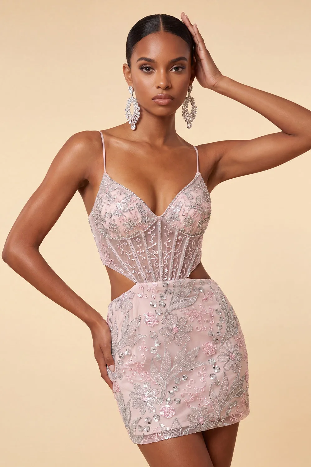 Blush Bodycon Corset Cut Out Spaghetti Straps Sequins Floral Short Homecoming Dress sold by Zapaka product image thumbnail 2