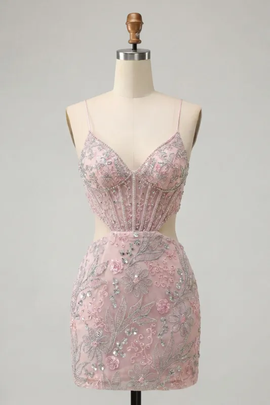 Blush Bodycon Corset Cut Out Spaghetti Straps Sequins Floral Short Homecoming Dress made by Zapaka