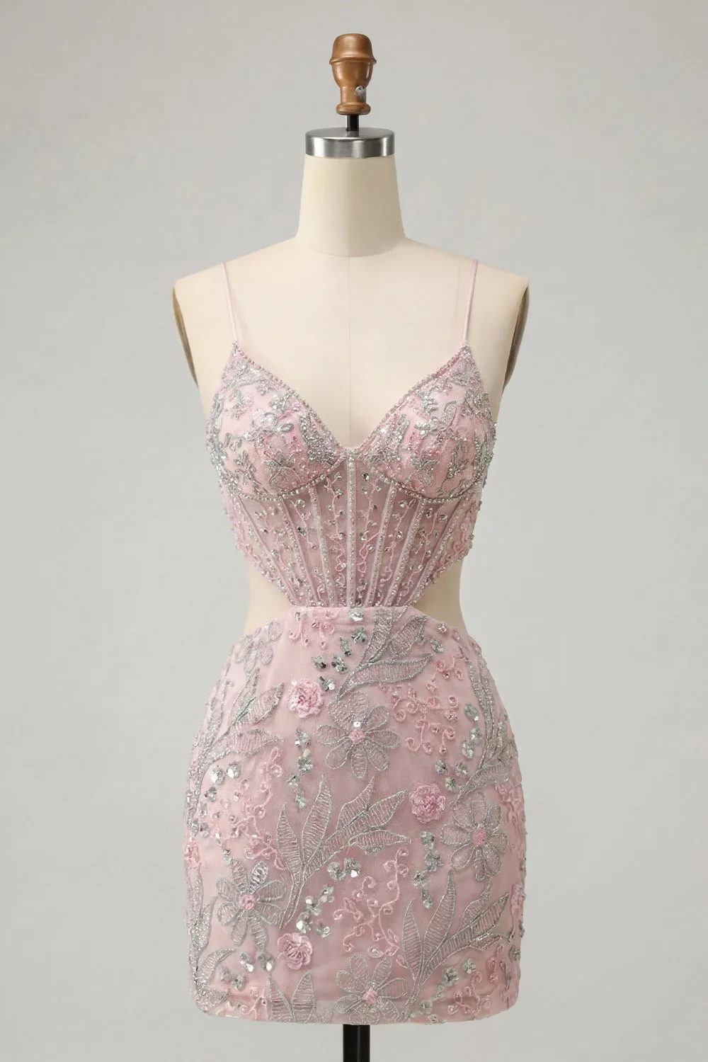 Blush Bodycon Corset Cut Out Spaghetti Straps Sequins Floral Short Homecoming Dress sold by Zapaka
