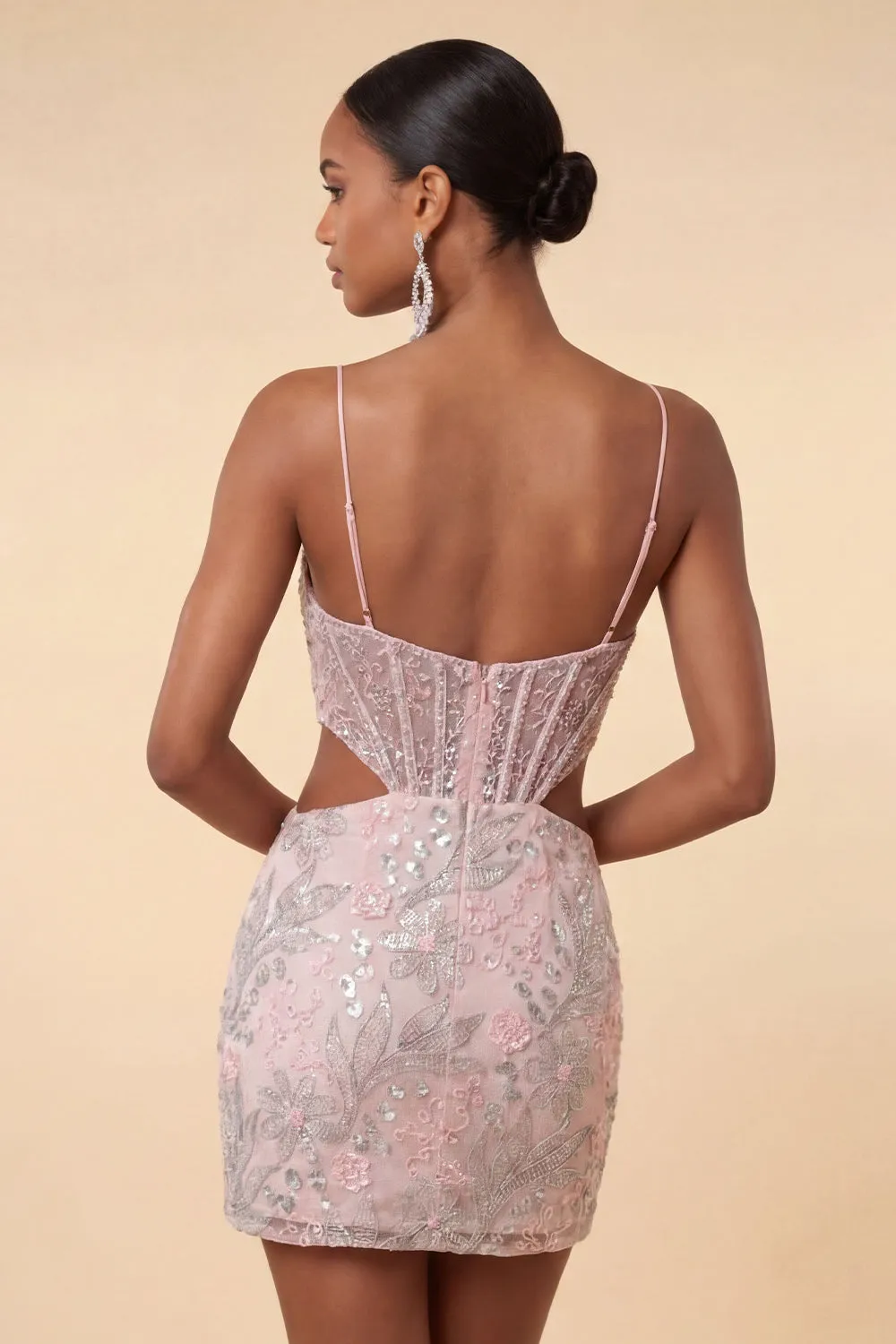 Blush Bodycon Corset Cut Out Spaghetti Straps Sequins Floral Short Homecoming Dress sold by Zapaka product image thumbnail 3